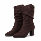 Women's Faux-Suede Mid-Calf Boots Slouch Pointed Toe Block Heel