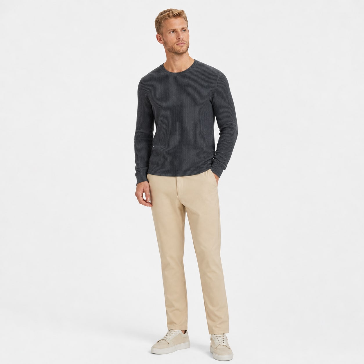 Men's Waffle-Rib Crew-Neck Jumper Long Sleeve