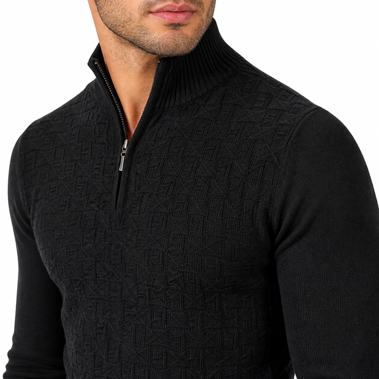 Men's Textured Quarter-Zip Knit Jumper Funnel Neck Regular Fit