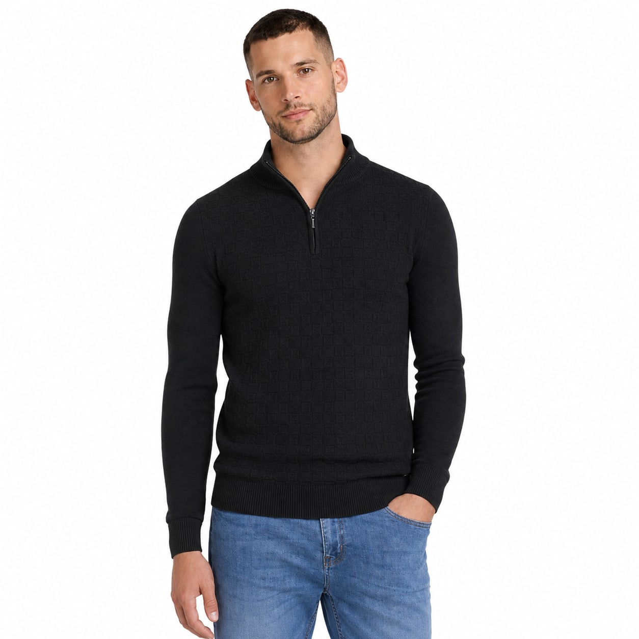 Men's Textured Quarter-Zip Knit Jumper Funnel Neck Regular Fit