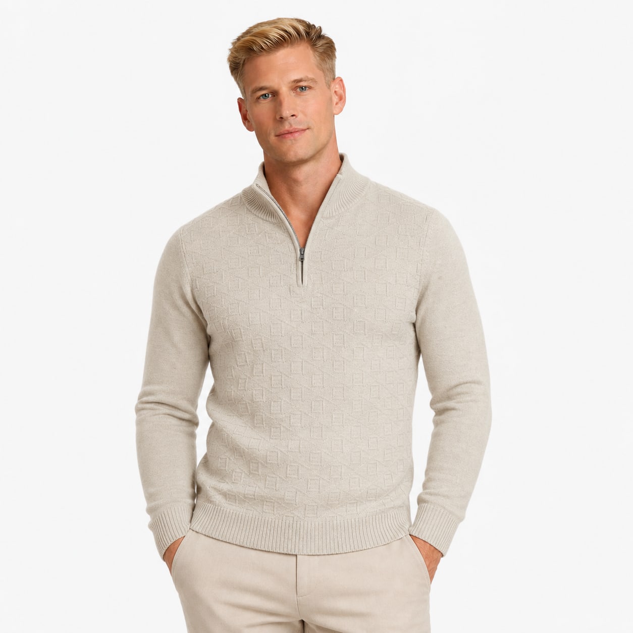 Men's Textured Quarter-Zip Knit Jumper Funnel Neck Regular Fit