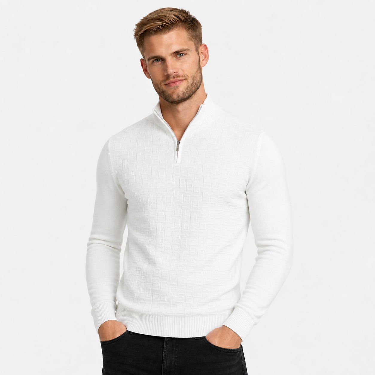 Men's Textured Quarter-Zip Knit Jumper Funnel Neck Regular Fit