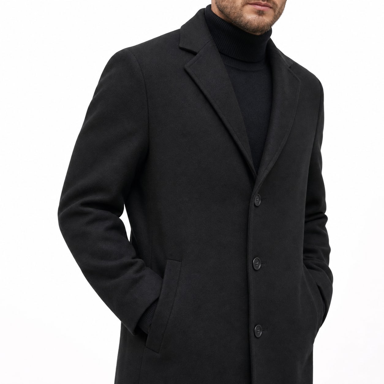 Men's Wool-Textured Overcoat Single-Breasted Notch Lapel Regular Fit