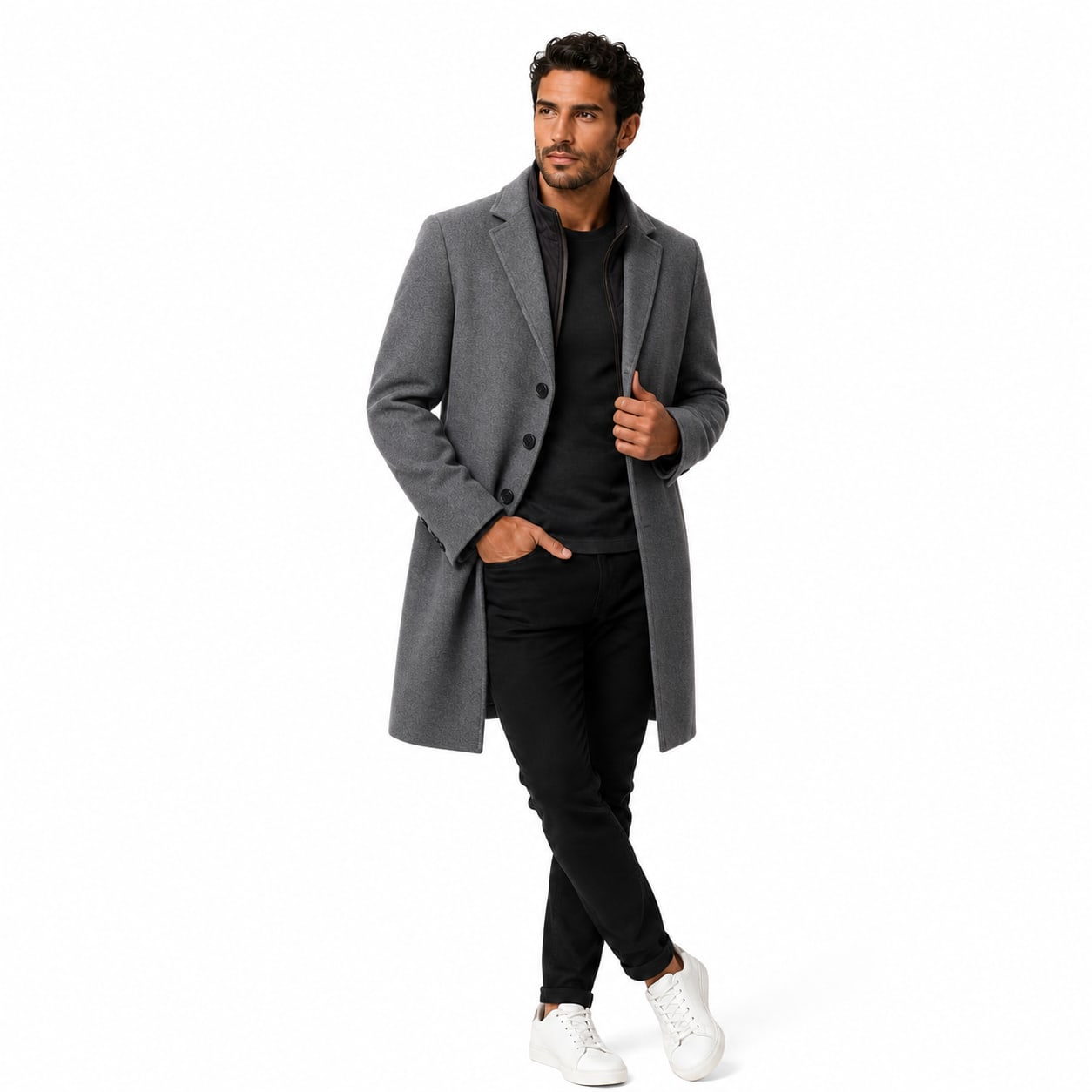 Men's Wool-Textured Overcoat Single-Breasted Notch Lapel Regular Fit