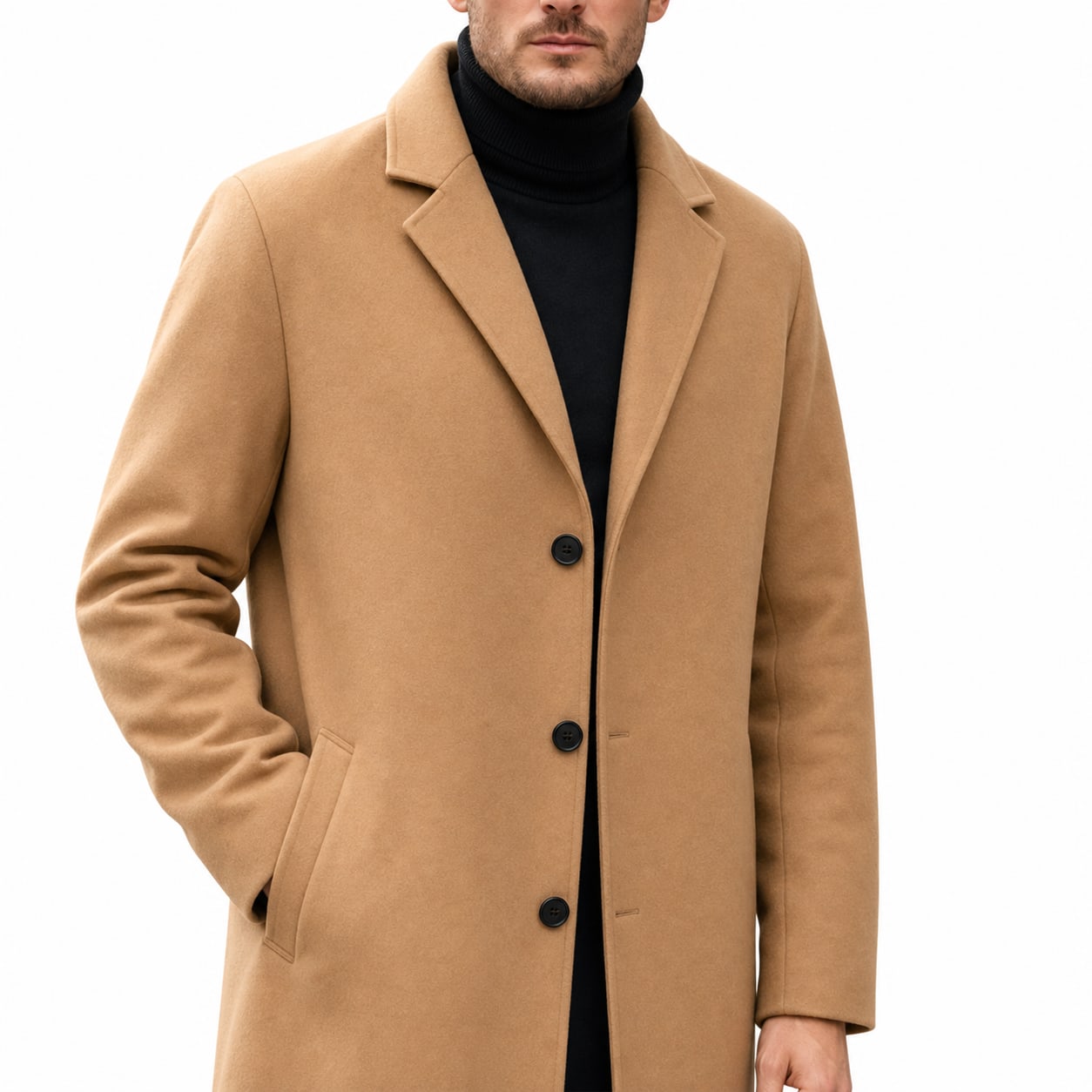 Men's Wool-Textured Overcoat Single-Breasted Notch Lapel Regular Fit