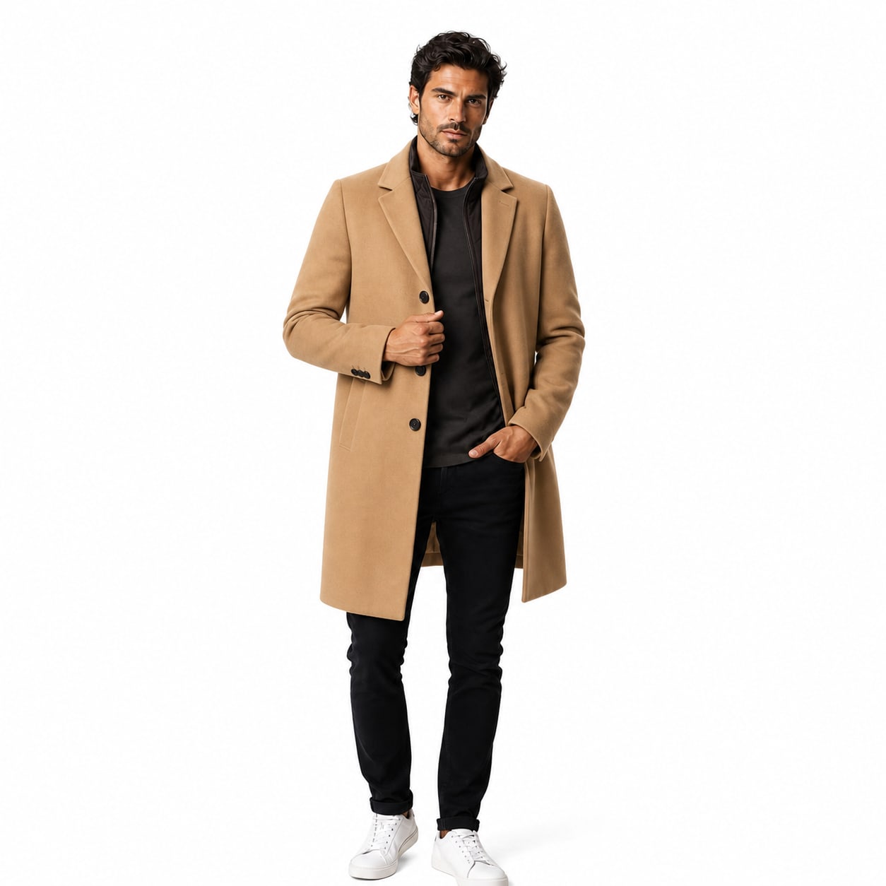 Men's Wool-Textured Overcoat Single-Breasted Notch Lapel Regular Fit