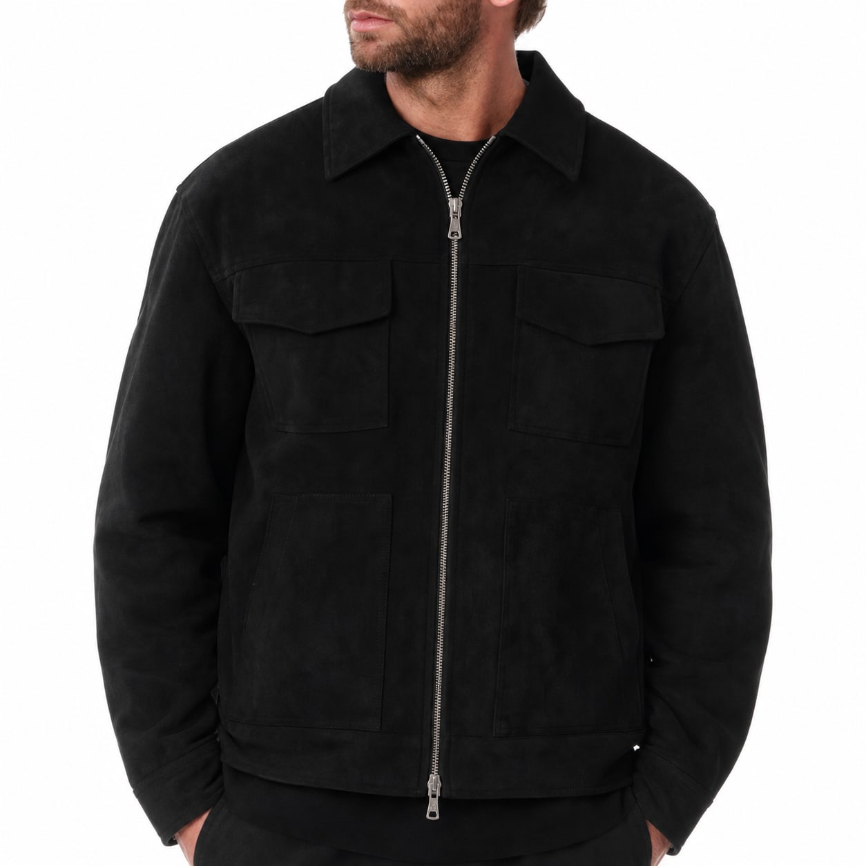 Men's Suede-Look Utility Jacket Pocketed Zip Regular Fit