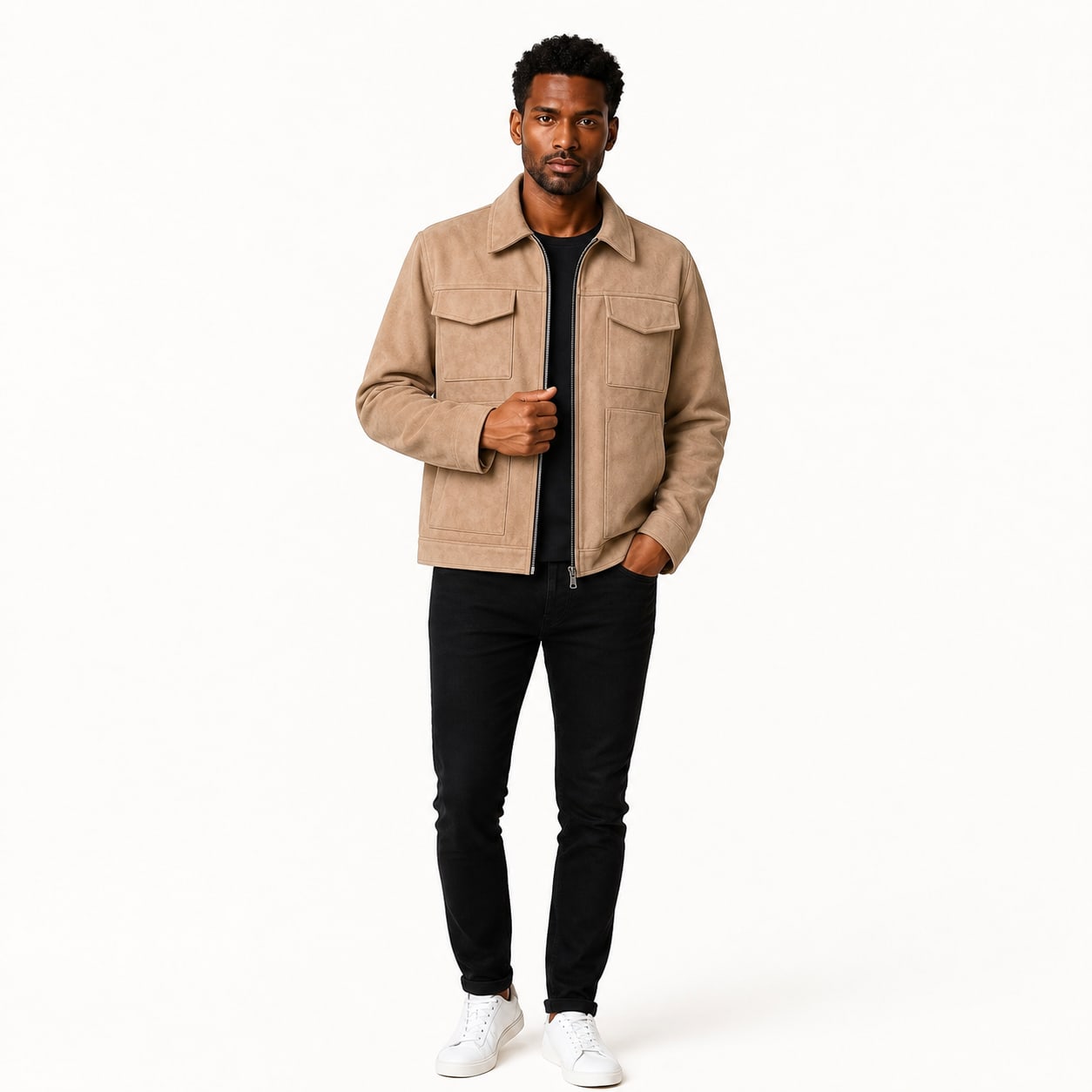 Men's Suede-Look Utility Jacket Pocketed Zip Regular Fit