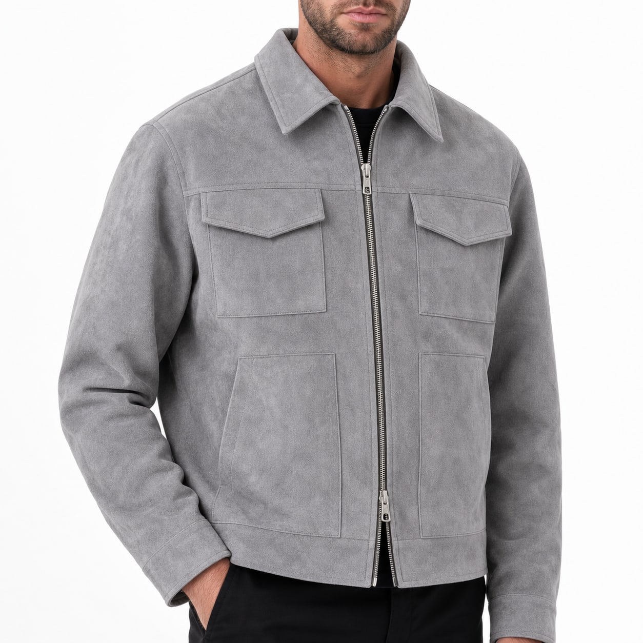 Men's Suede-Look Utility Jacket Pocketed Zip Regular Fit