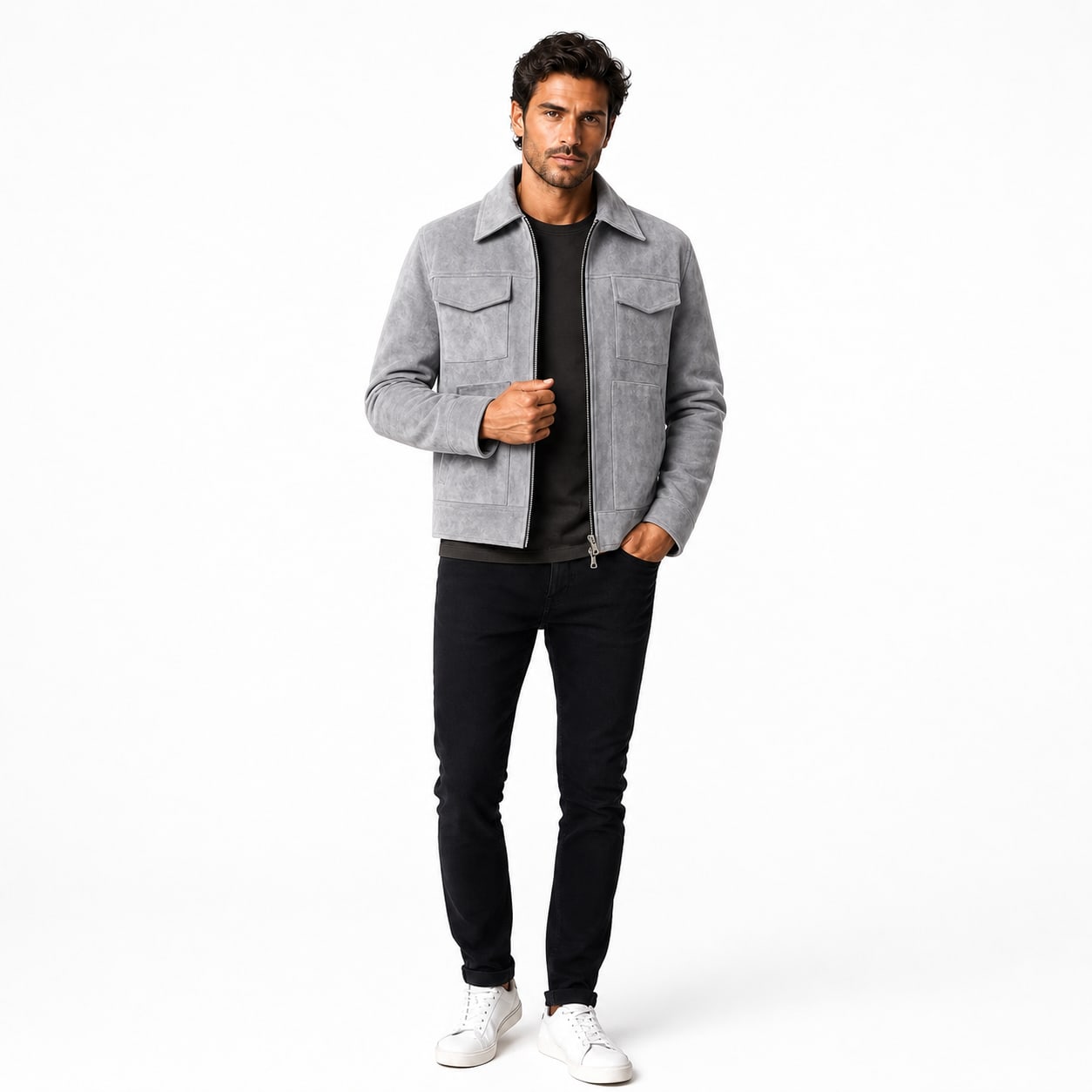 Men's Suede-Look Utility Jacket Pocketed Zip Regular Fit