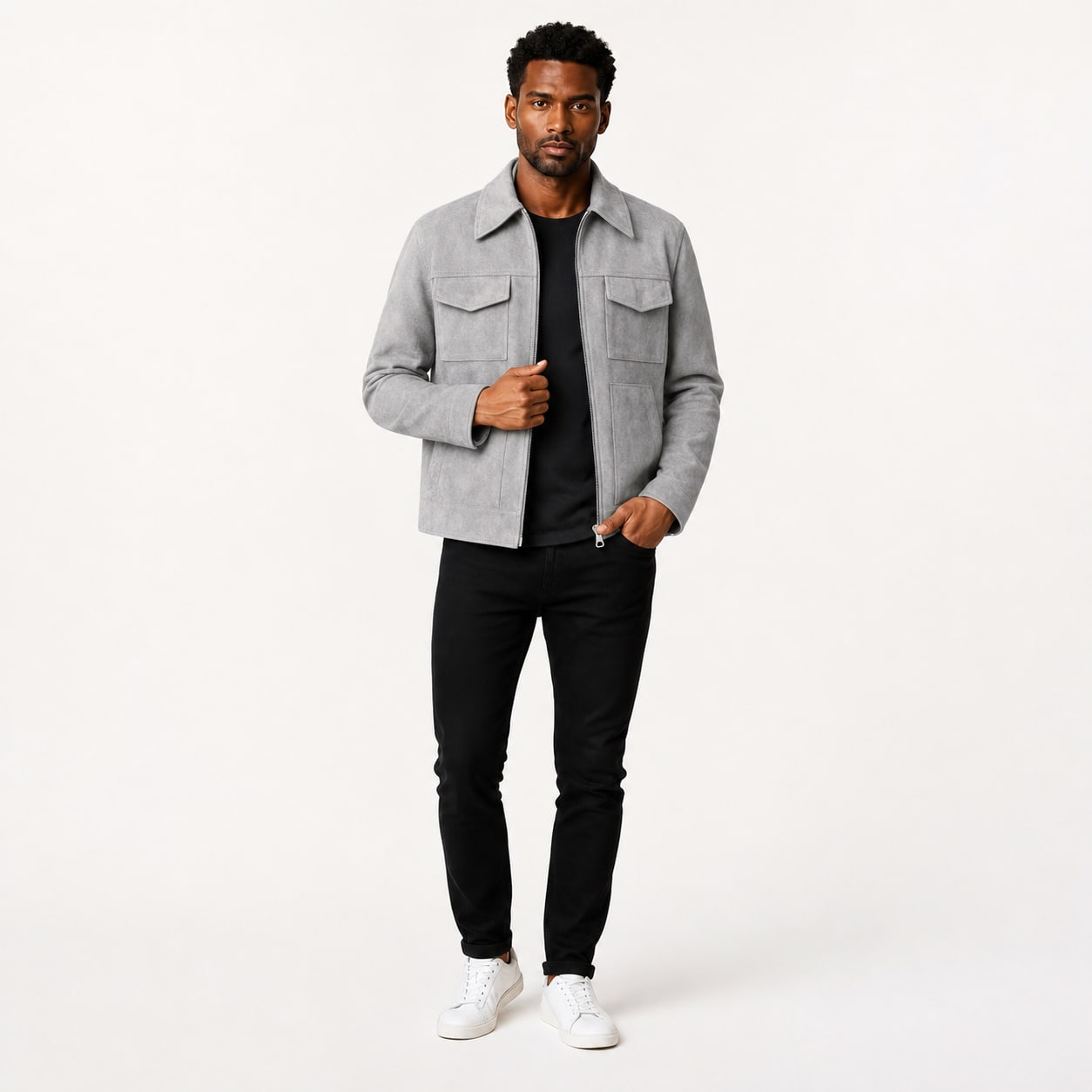 Men's Suede-Look Utility Jacket Pocketed Zip Regular Fit