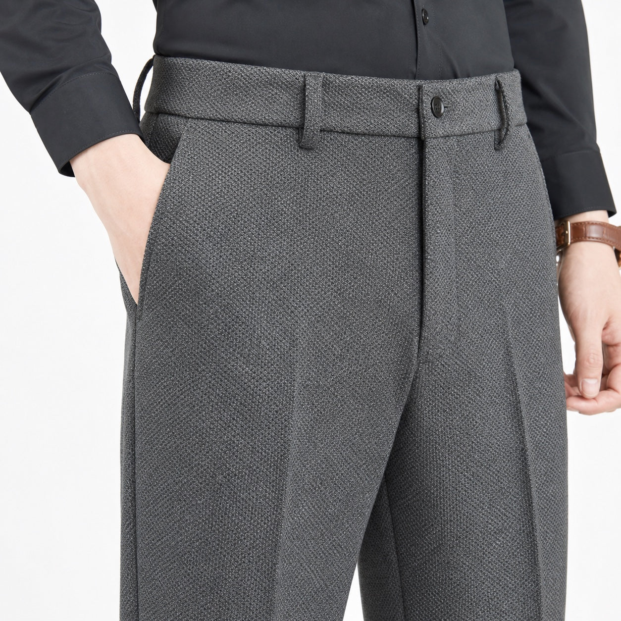 Men's Textured Tailored Trousers Pressed Crease Slim Fit