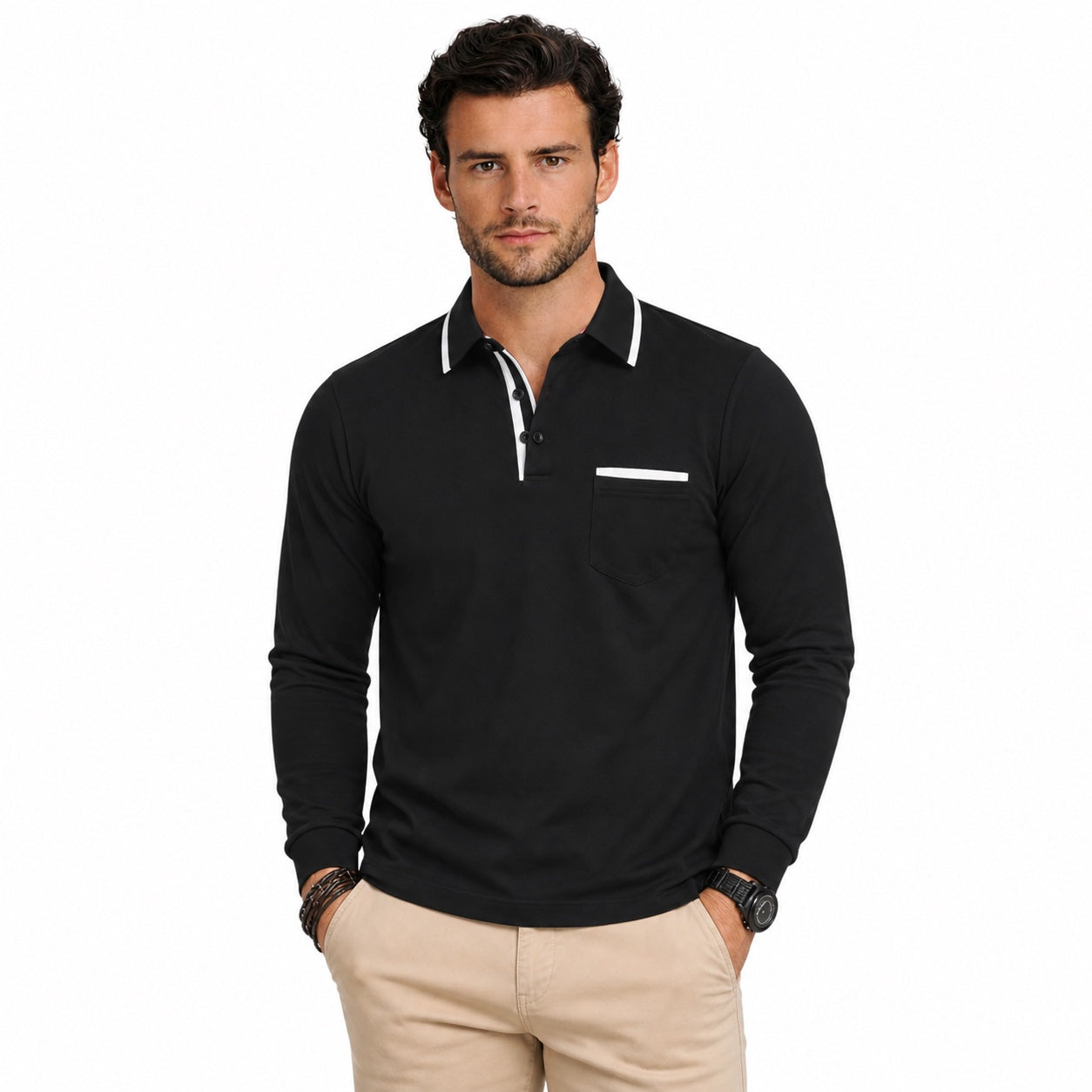 Men's Contrast-Trim Polo Shirt Long-Sleeve Chest Pocket Slim Fit