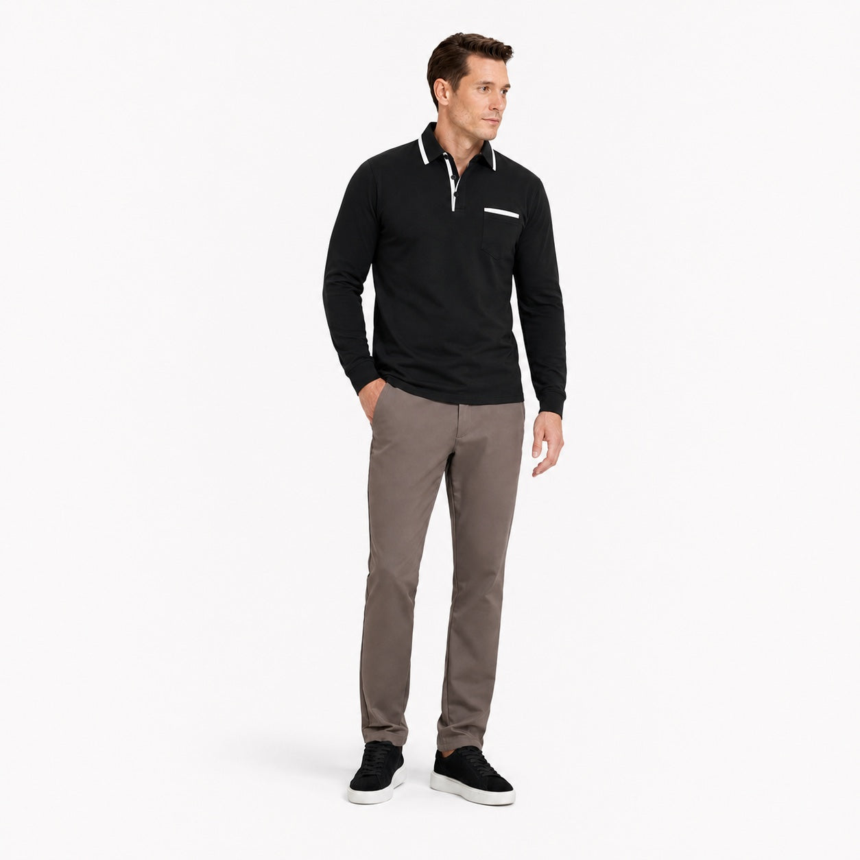 Men's Contrast-Trim Polo Shirt Long-Sleeve Chest Pocket Slim Fit