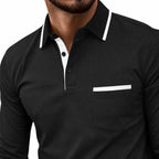 Men's Contrast-Trim Polo Shirt Long-Sleeve Chest Pocket Slim Fit