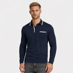 Men's Contrast-Trim Polo Shirt Long-Sleeve Chest Pocket Slim Fit