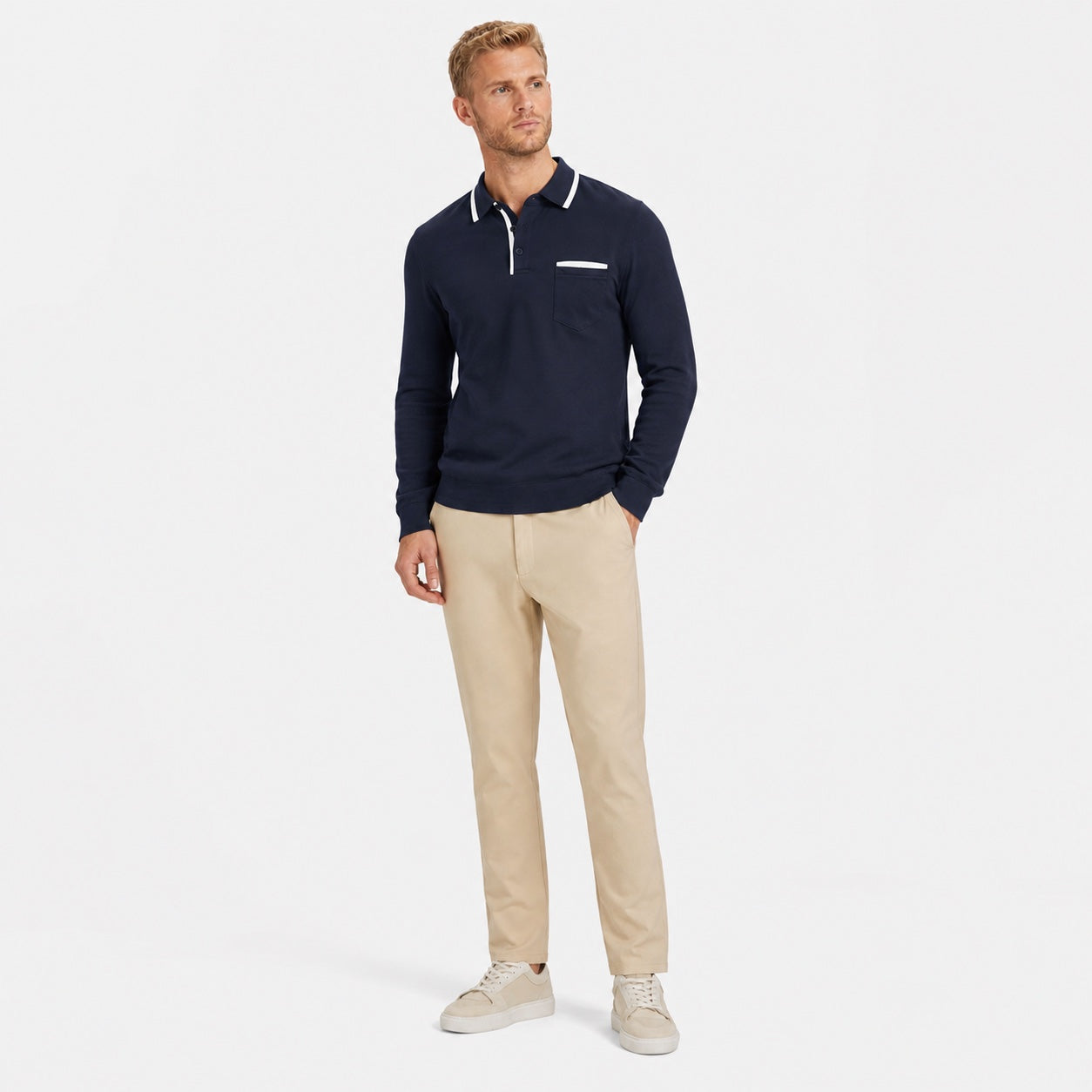 Men's Contrast-Trim Polo Shirt Long-Sleeve Chest Pocket Slim Fit
