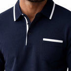 Men's Contrast-Trim Polo Shirt Long-Sleeve Chest Pocket Slim Fit