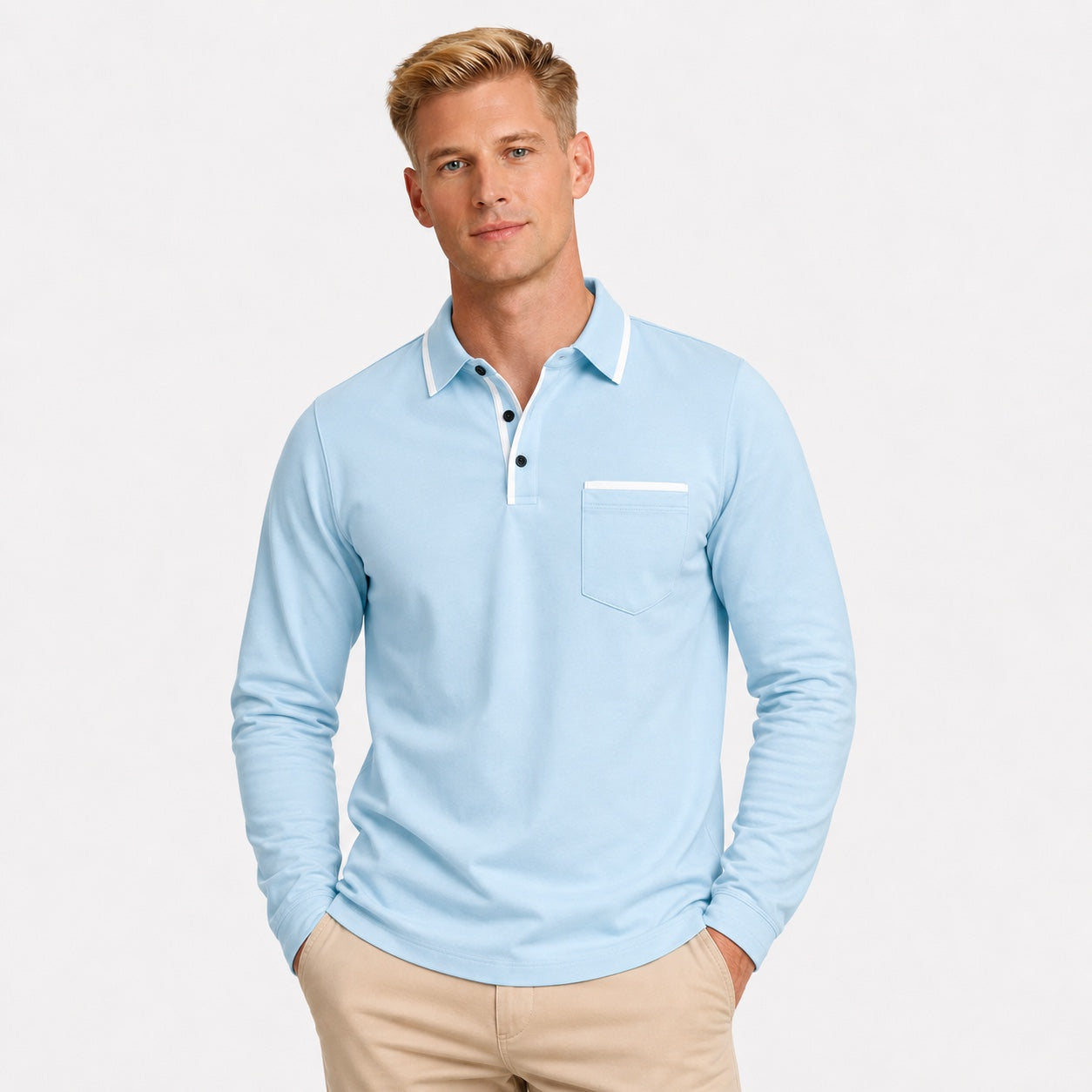 Men's Contrast-Trim Polo Shirt Long-Sleeve Chest Pocket Slim Fit
