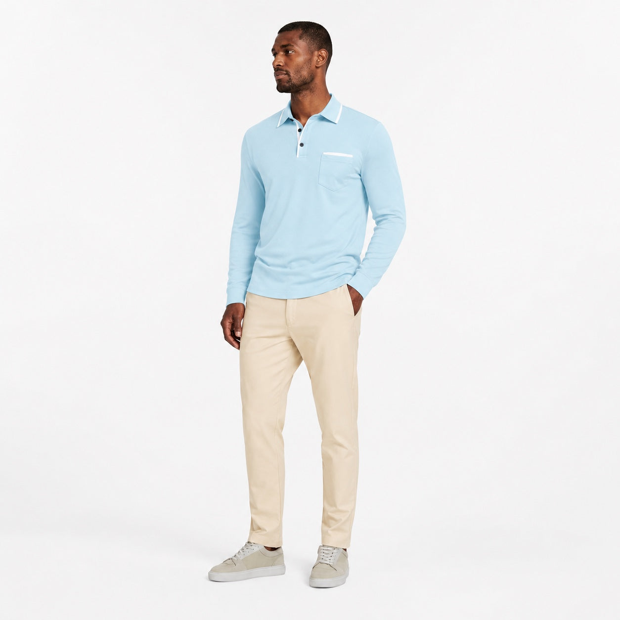 Men's Contrast-Trim Polo Shirt Long-Sleeve Chest Pocket Slim Fit