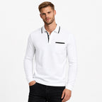Men's Contrast-Trim Polo Shirt Long-Sleeve Chest Pocket Slim Fit