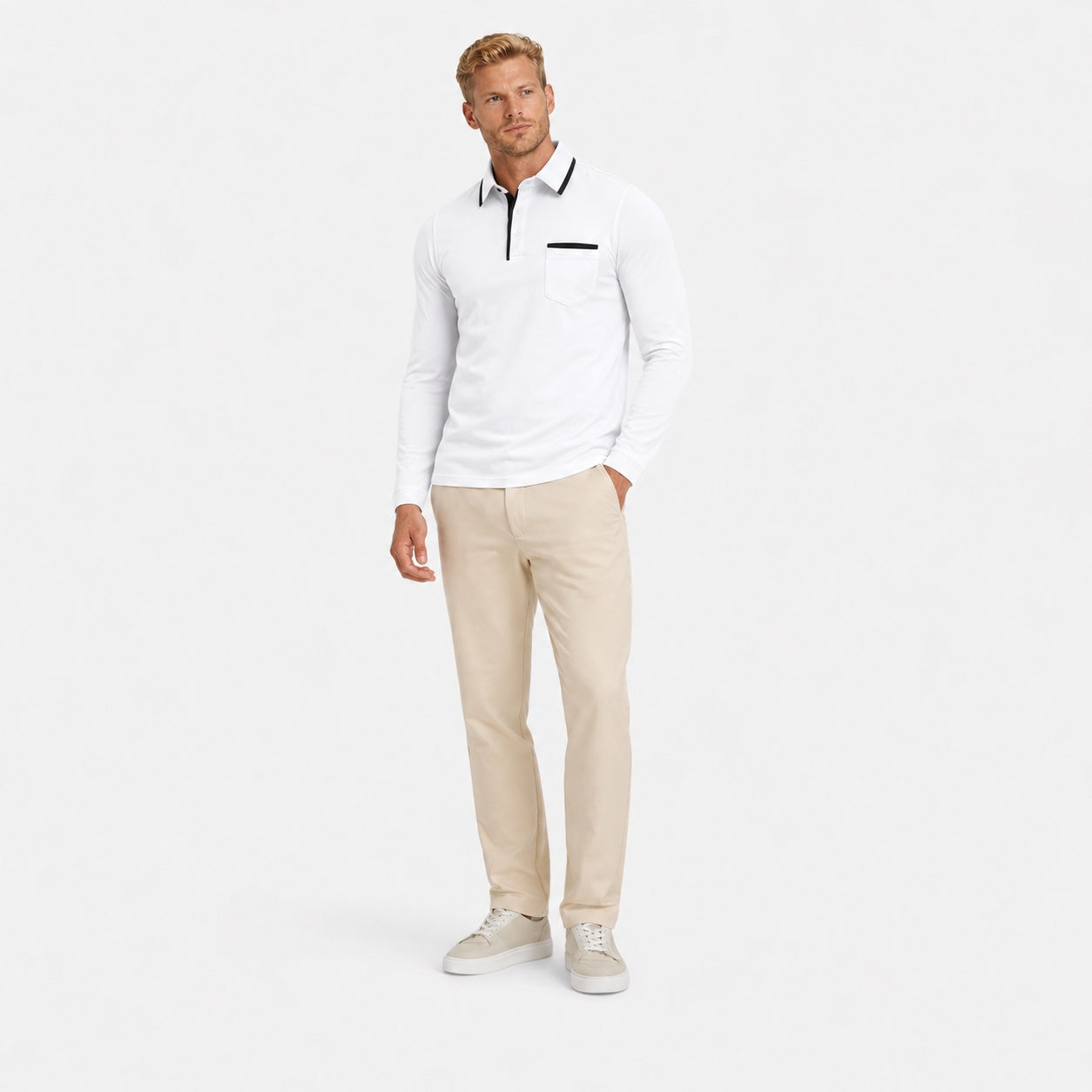 Men's Contrast-Trim Polo Shirt Long-Sleeve Chest Pocket Slim Fit