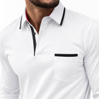 Men's Contrast-Trim Polo Shirt Long-Sleeve Chest Pocket Slim Fit