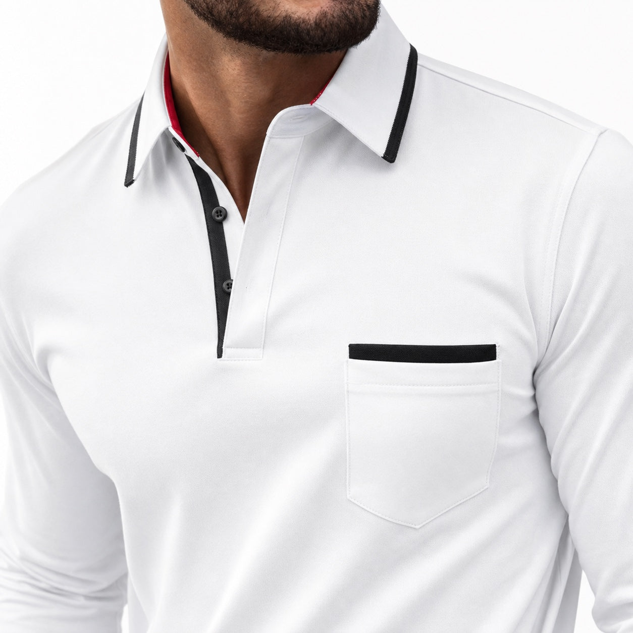 Men's Contrast-Trim Polo Shirt Long-Sleeve Chest Pocket Slim Fit