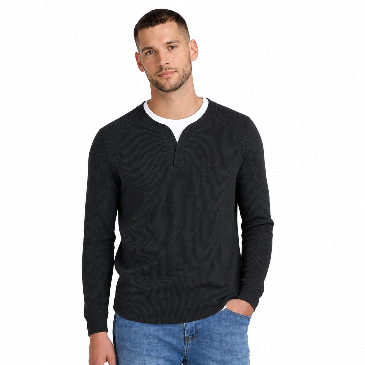 Men's Waffle-Texture Sweater Notch-Neck Long-Sleeve