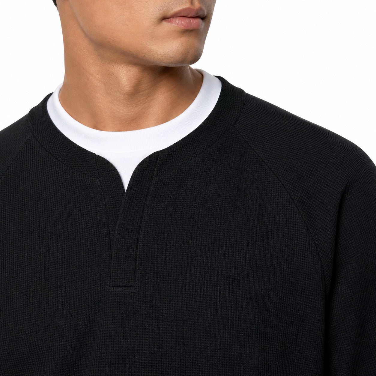 Men's Waffle-Texture Sweater Notch-Neck Long-Sleeve