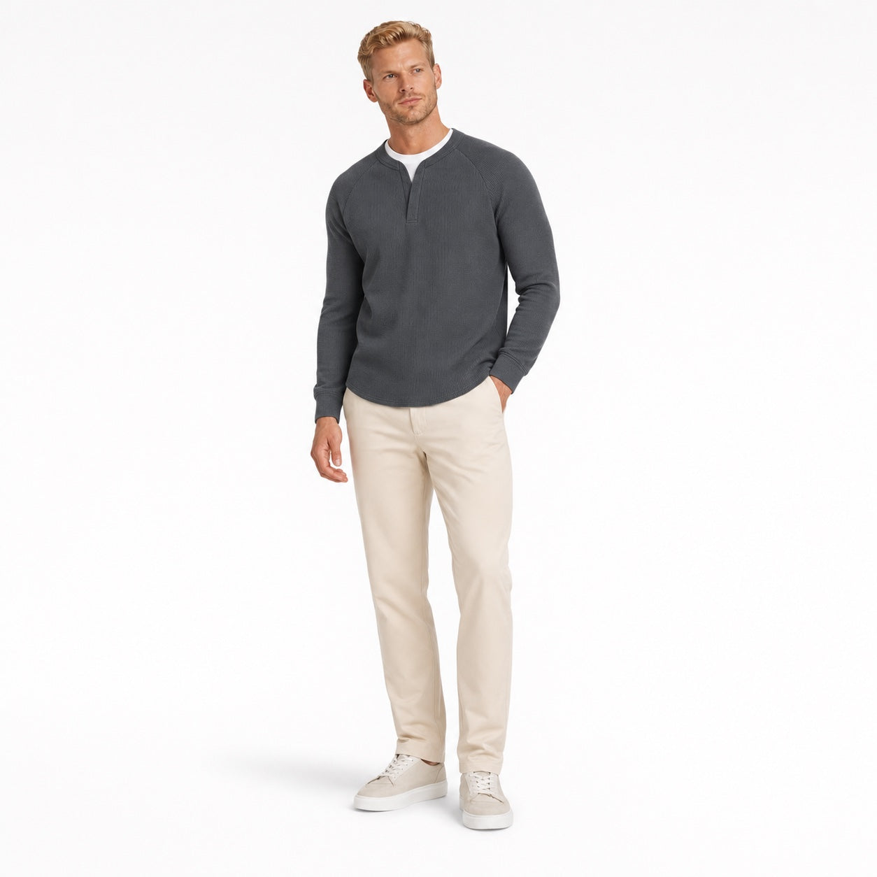 Men's Waffle-Texture Sweater Notch-Neck Long-Sleeve