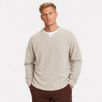 Men's Waffle-Texture Sweater Notch-Neck Long-Sleeve
