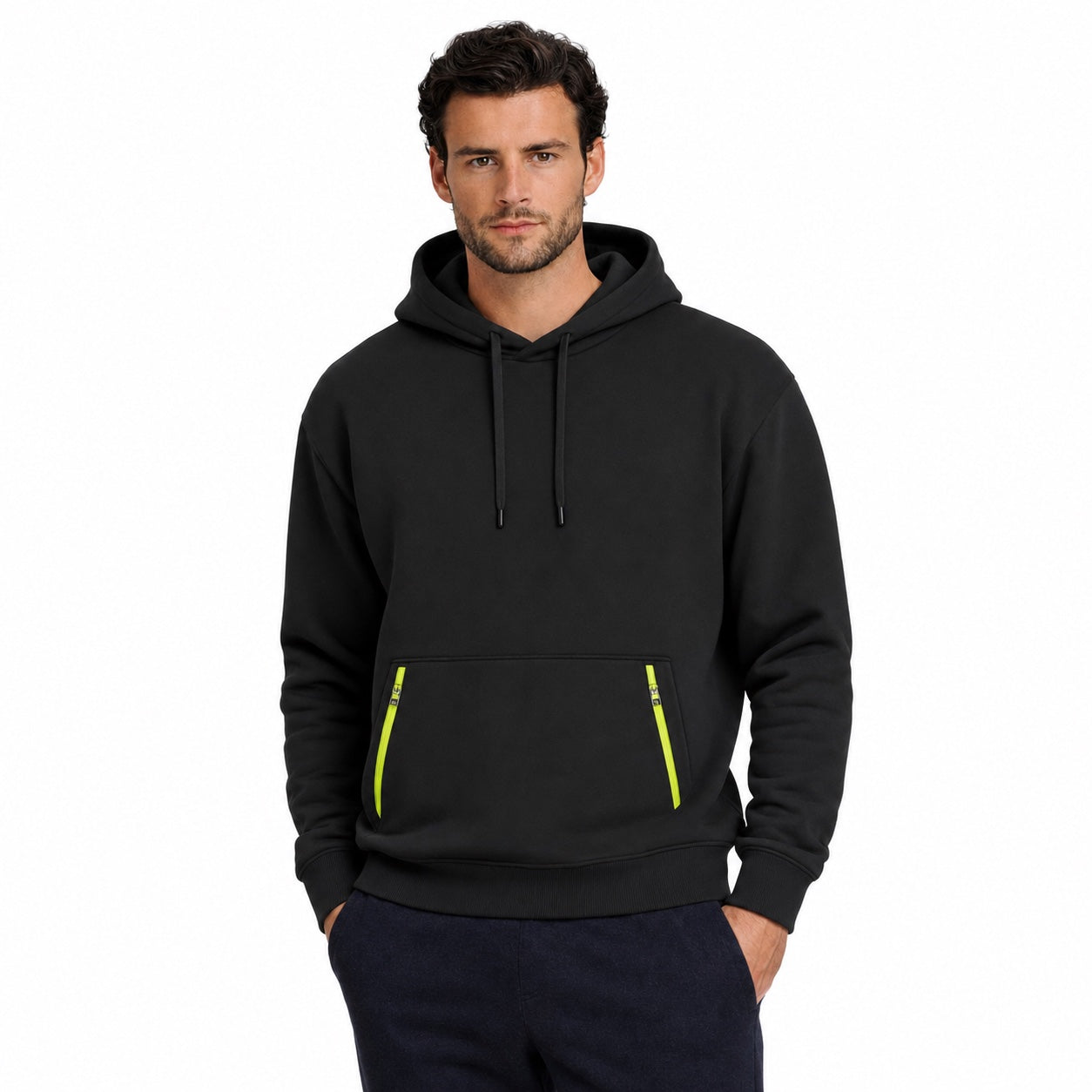 Men's Pullover Hoodie Contrast-Zip Pockets Relaxed Fit