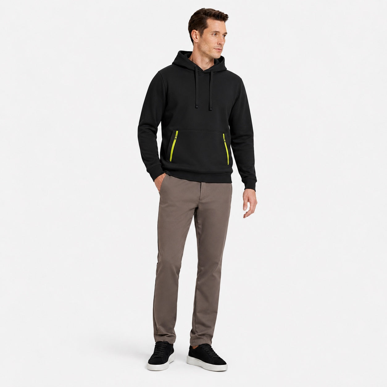 Men's Pullover Hoodie Contrast-Zip Pockets Relaxed Fit