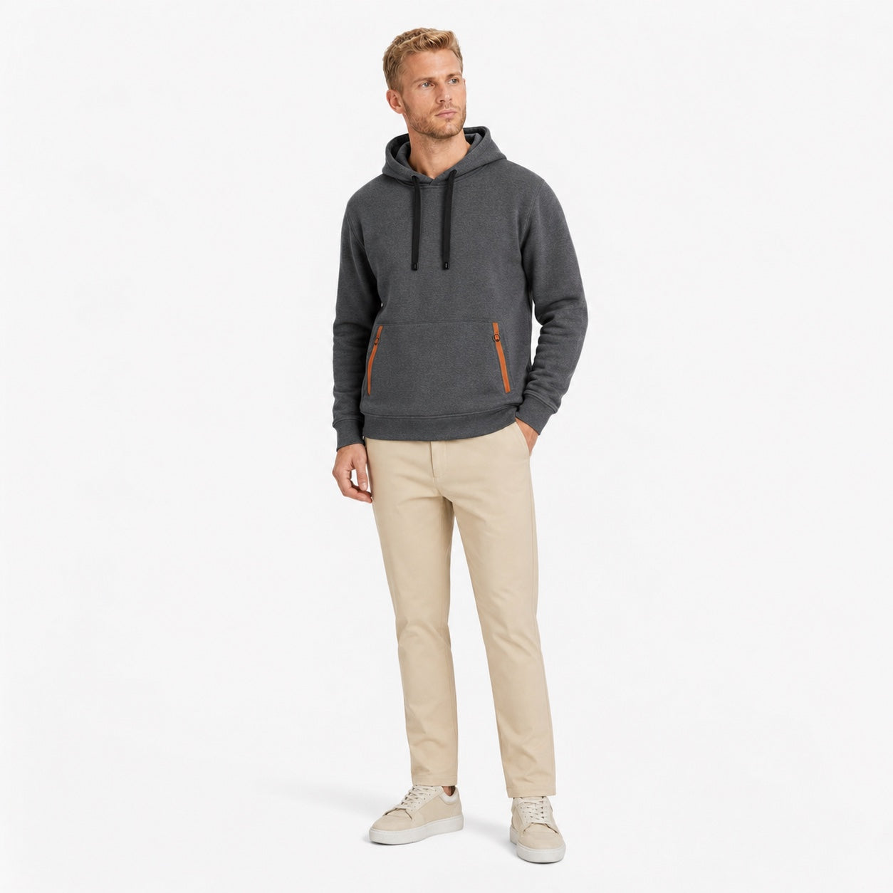 Men's Pullover Hoodie Contrast-Zip Pockets Relaxed Fit