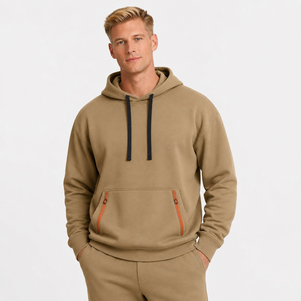 Men's Pullover Hoodie Contrast-Zip Pockets Relaxed Fit