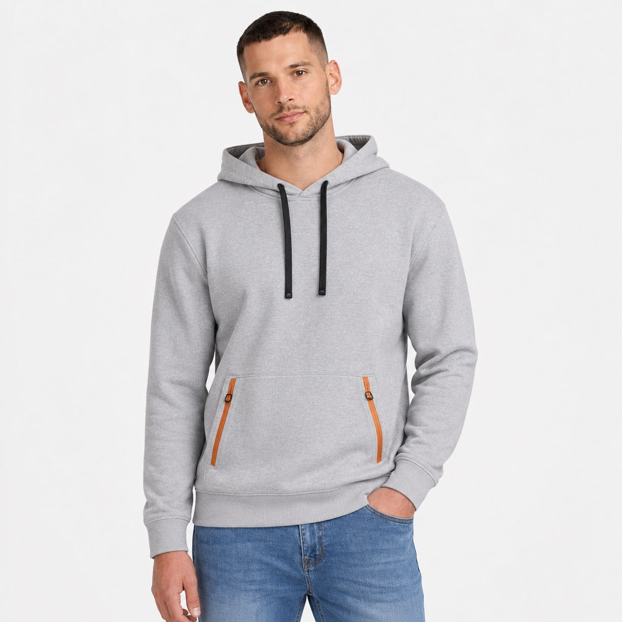 Men's Pullover Hoodie Contrast-Zip Pockets Relaxed Fit