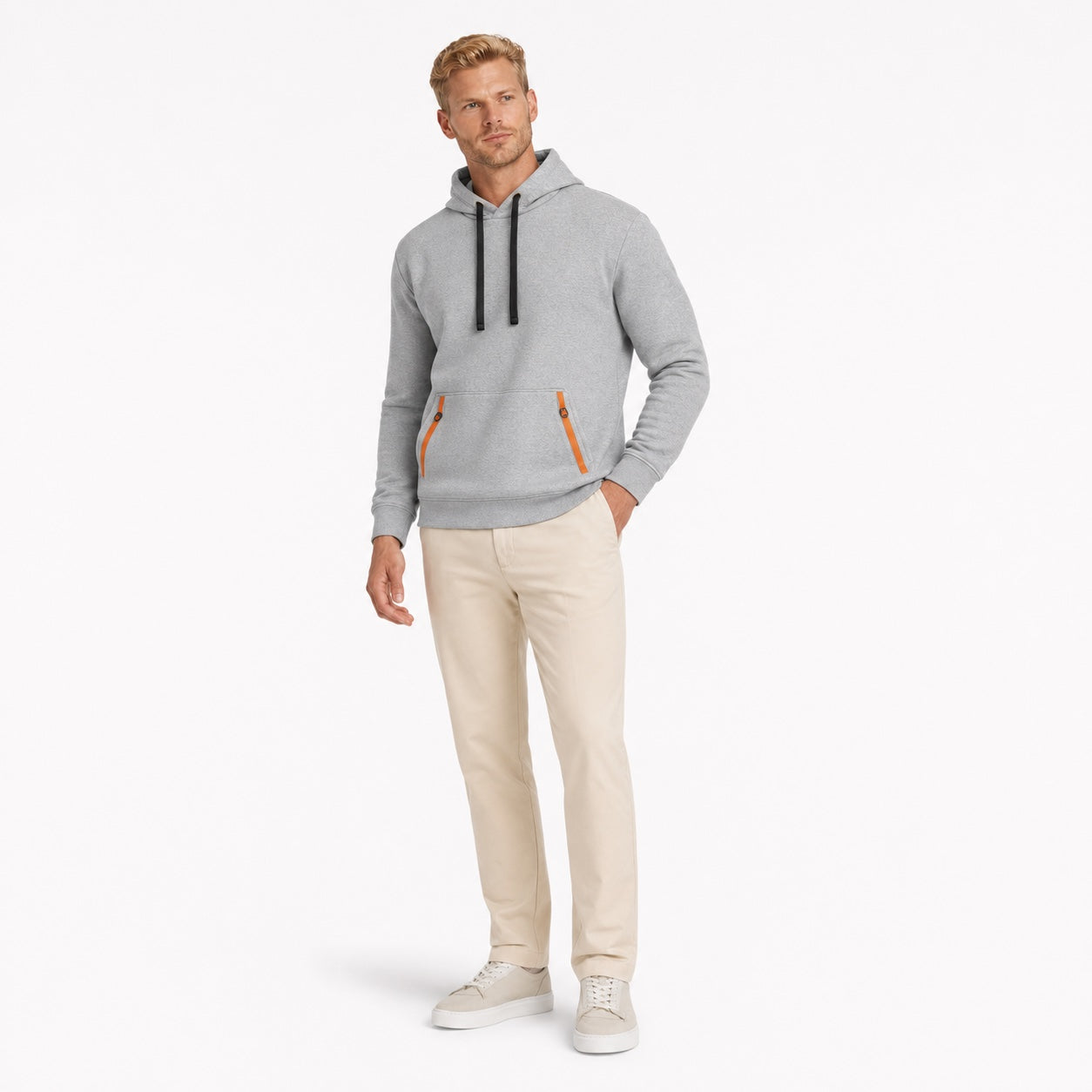 Men's Pullover Hoodie Contrast-Zip Pockets Relaxed Fit