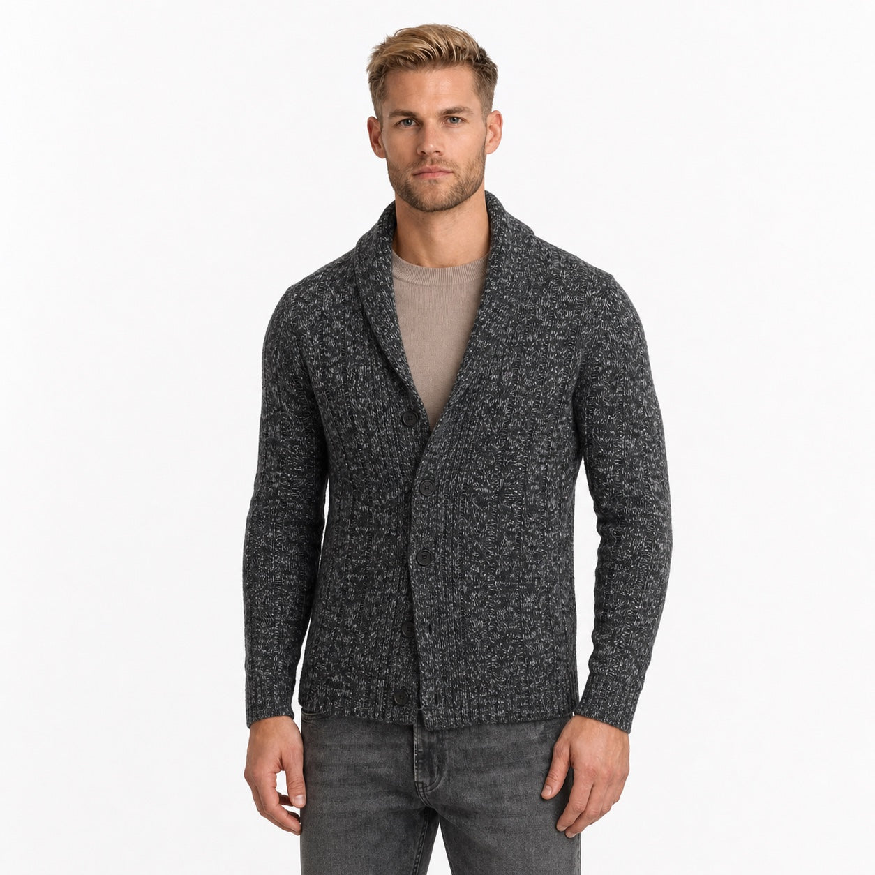 Men's Marled Cardigan Shawl-Collar Buttoned Regular Fit