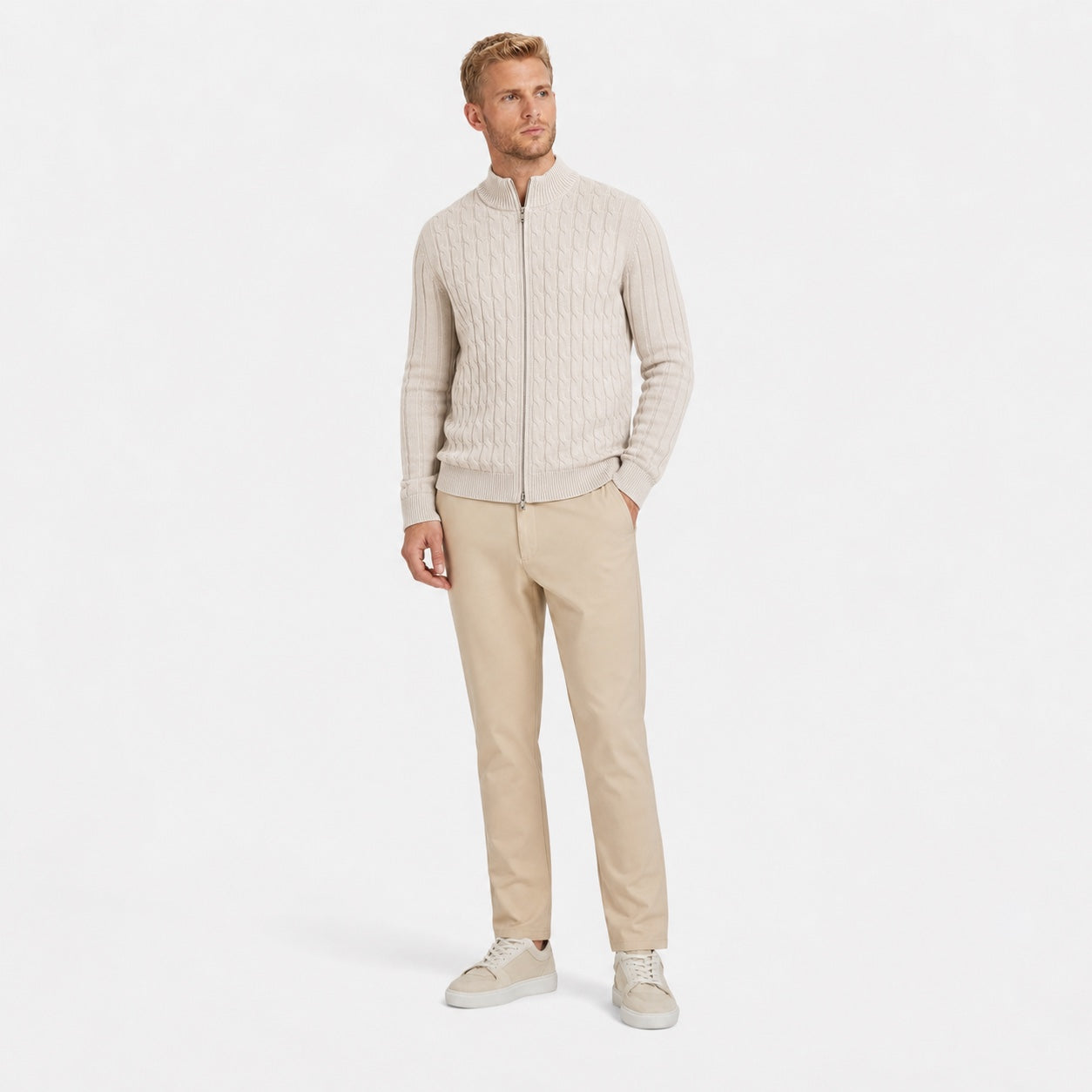 Men's Wool Cable-Knit Cardigan Full-Zip Regular Fit