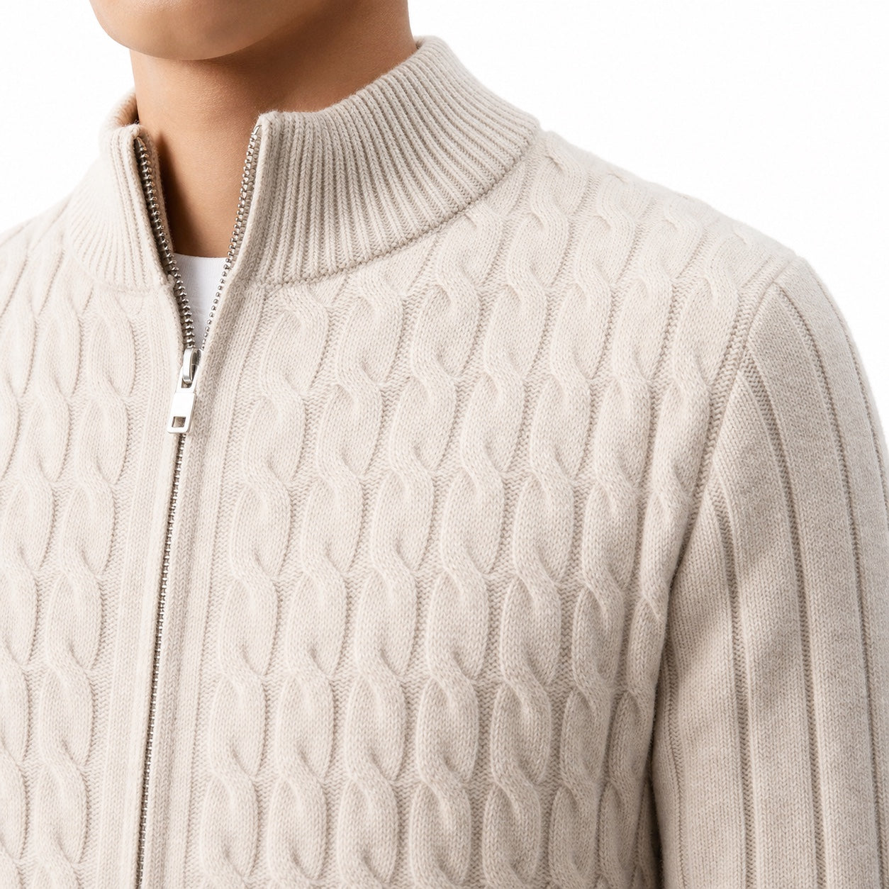 Men's Wool Cable-Knit Cardigan Full-Zip Regular Fit