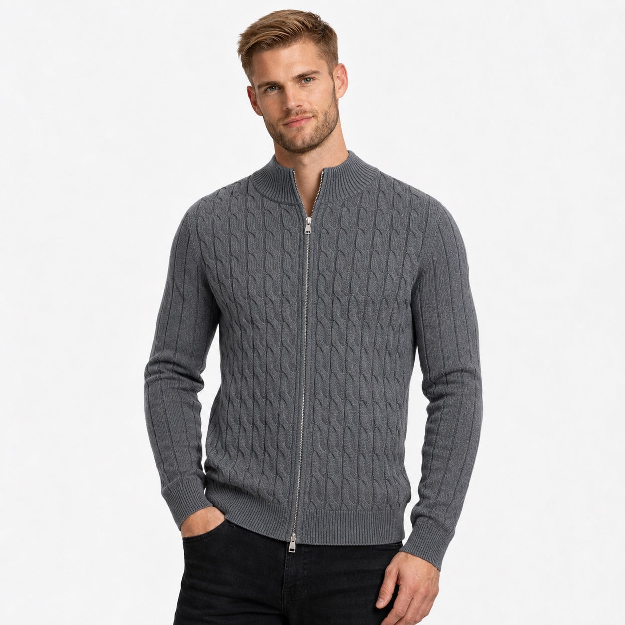 Men's Wool Cable-Knit Cardigan Full-Zip Regular Fit