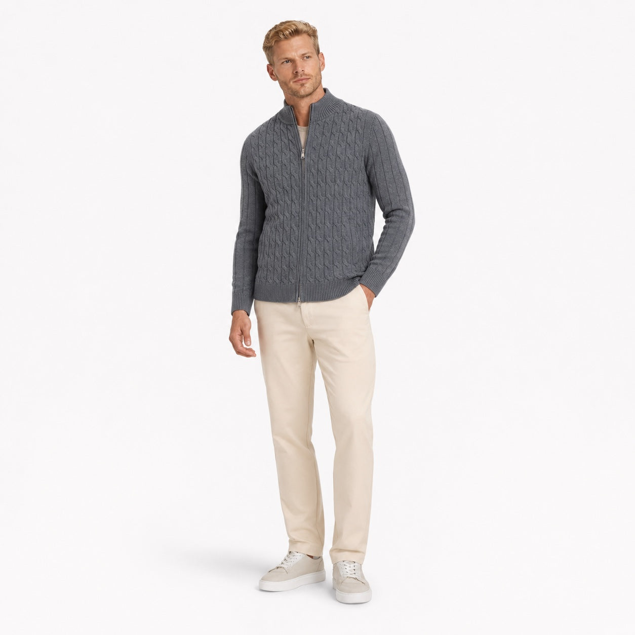 Men's Wool Cable-Knit Cardigan Full-Zip Regular Fit