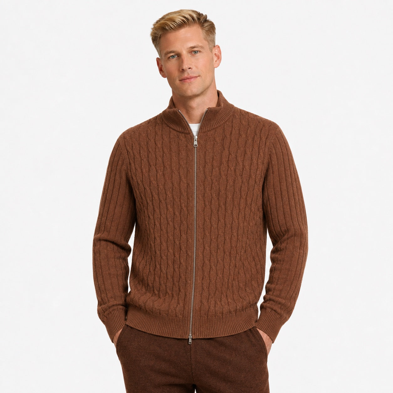 Men's Wool Cable-Knit Cardigan Full-Zip Regular Fit