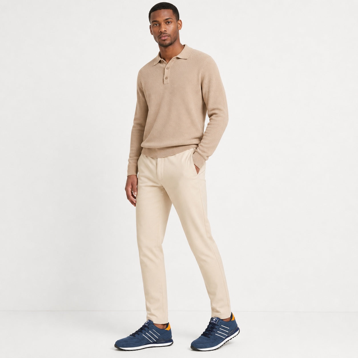 Blue men's suede trainers styled on model