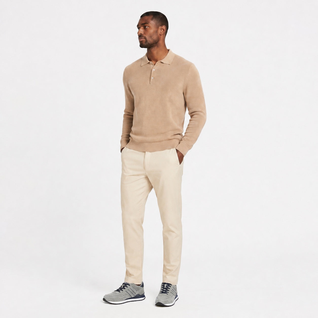 Grey men's suede trainers styled on model