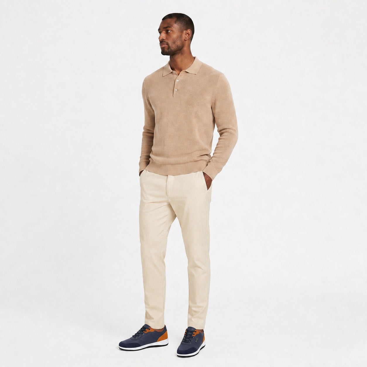 Blue men's contrast trainers styled on model