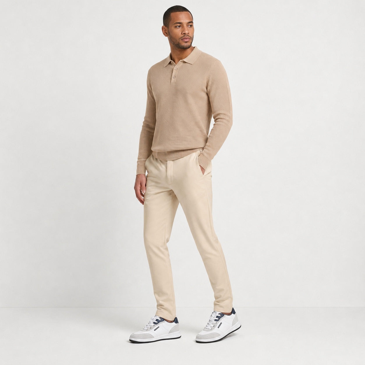 White men's contrast trainers styled on model