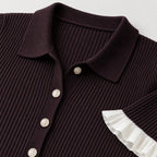 Plum brown ribbed knit dress collar, buttons and ruffle detail