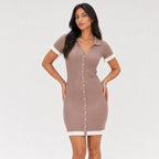 Women's ribbed button-front mini dress in taupe rose, alternate front view